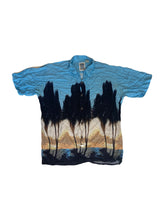 Vintage 90s silhouette palm tree blue beige overwized rayon hawaiian shirt size large